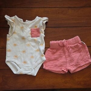 Adorable Sun Print Onesie and Pink Shorts Set